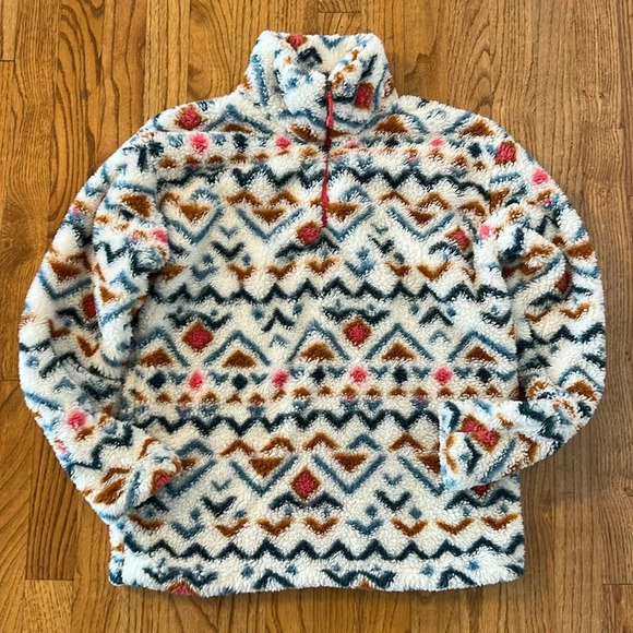 Fleece Fur Eddie Bauer Women Pull over 1/4 zip white brown pink super soft - Picture 1 of 9